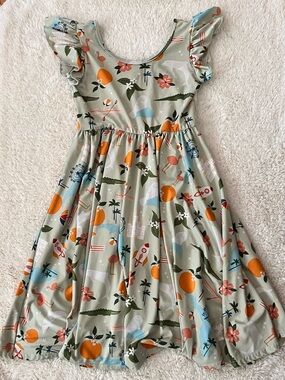 Dot Dot Smile Girls' Green Flutter Sleeve Summer Dress w/ Orange Print Sz 11